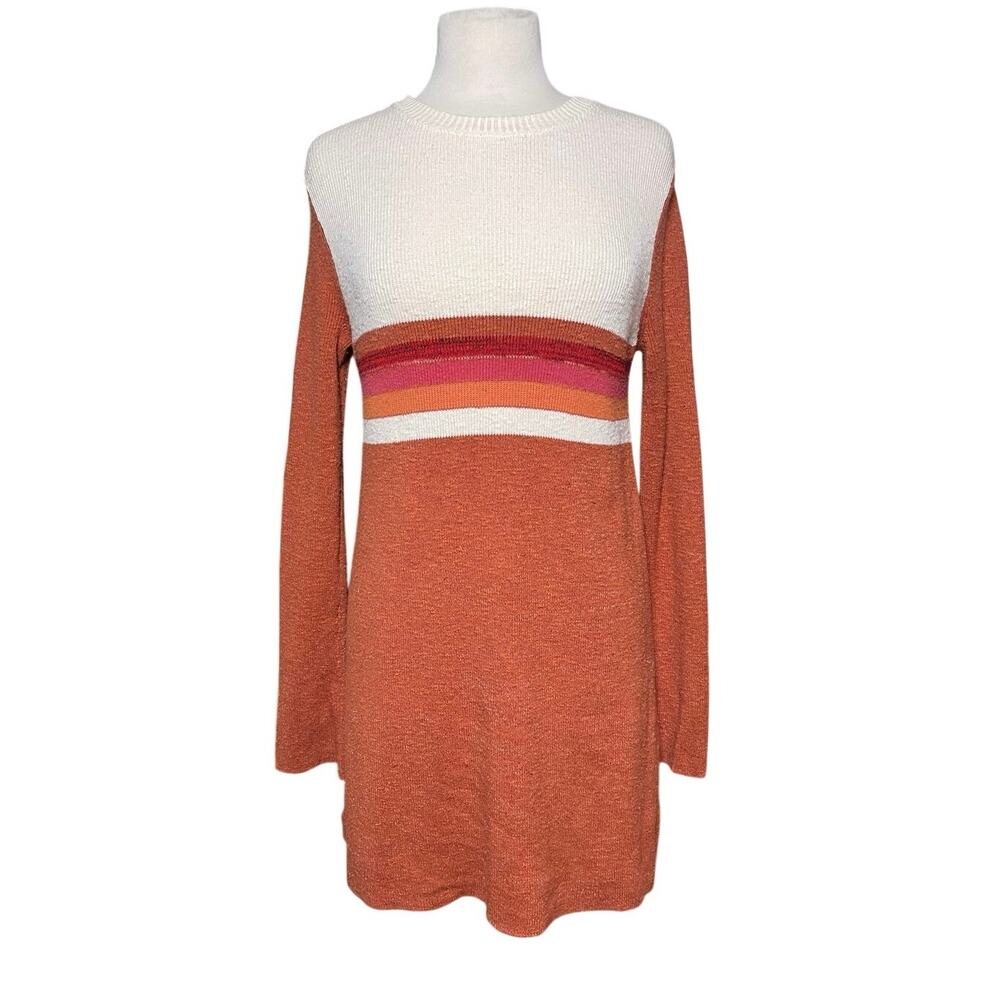 FREE PEOPLE Women’s Retro Rust Striped Linen Blend Mini Sweater Dress - Picture 2 of 7